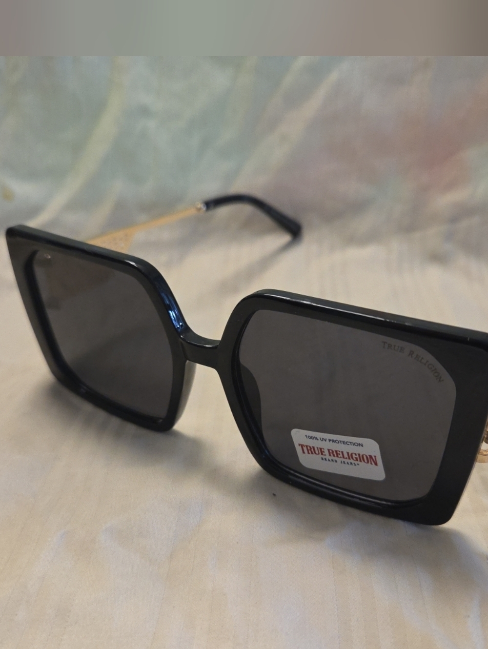 NEW True Religion Black Oversized Square Women's Sunglasses w Gold Temples Legs
